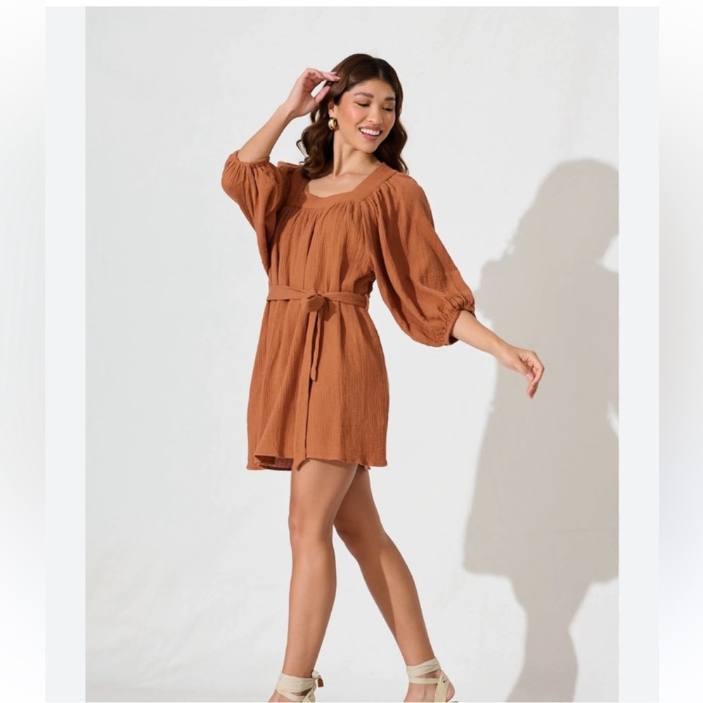 Ebby and I Bonneau Shift Dress In Copper Brown square neck line and belt size 14